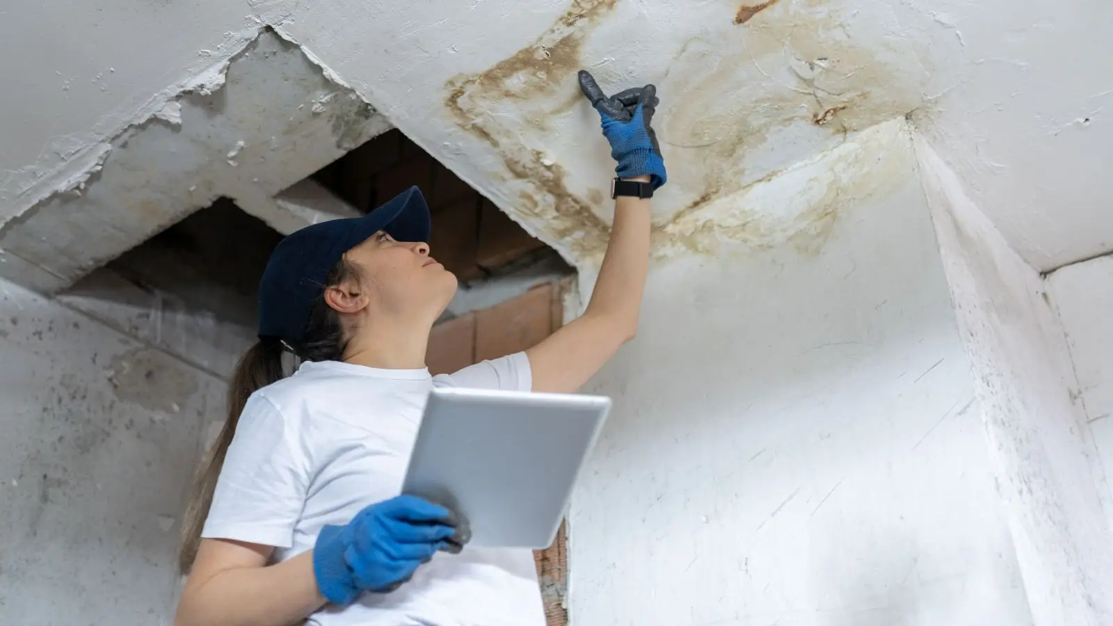 Inspector with a tablet looking up at a water-stained ceiling opening to document damage