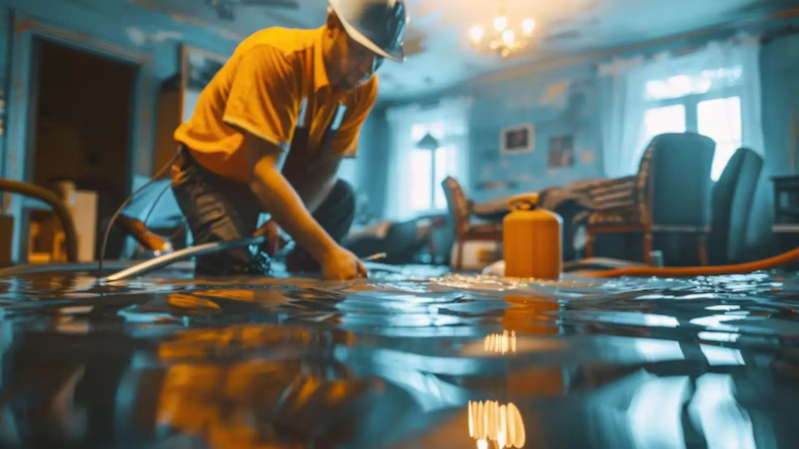 Worker kneeling in a flooded room extracting water with equipment