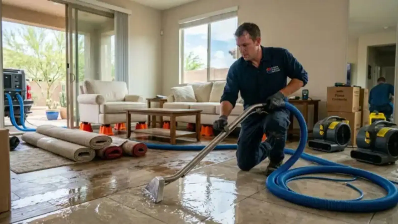 Technician extracting standing water from a carpeted living room with a wand and hose while air movers sit nearby