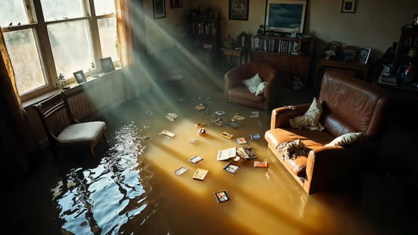 Flooded living room with standing water covering the floor and light coming through the windows