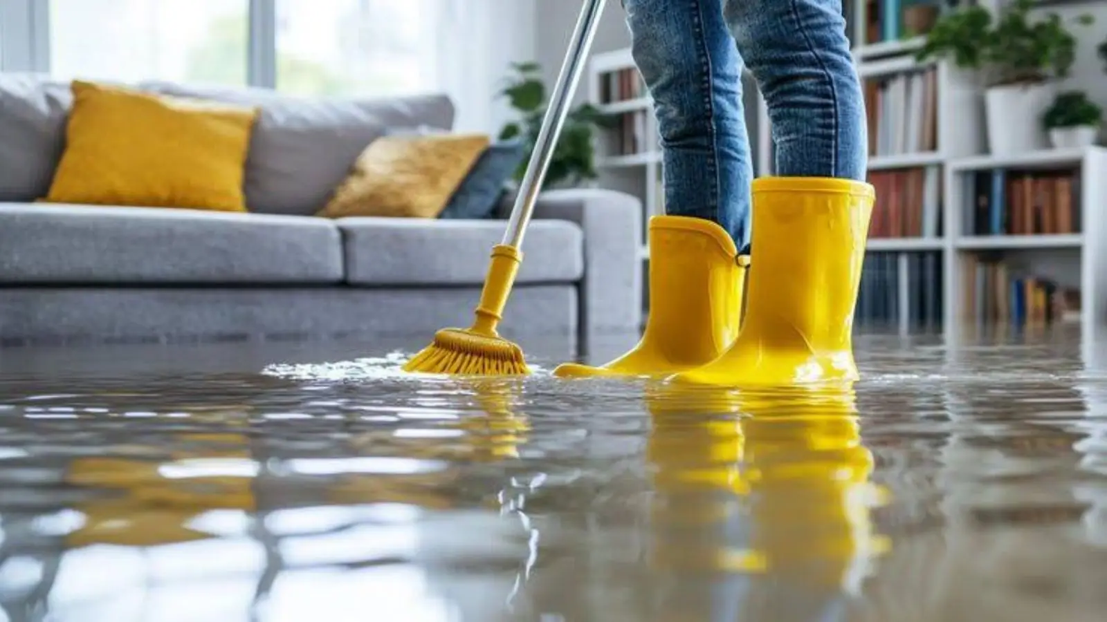Worker in yellow rubber boots mopping standing water from a living room floor